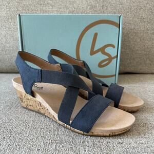 Life Stride Mexico Sandals Navy Suede Size 8M 2 Inch Wedge Heel Crisscross Strap